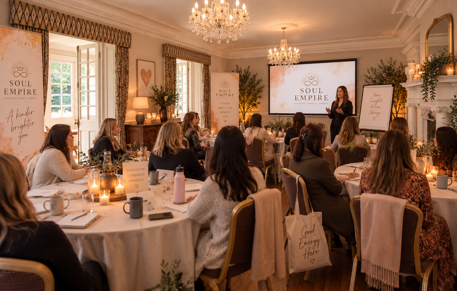 A speaker leading a workshop for seated guests at a Soul Empire event